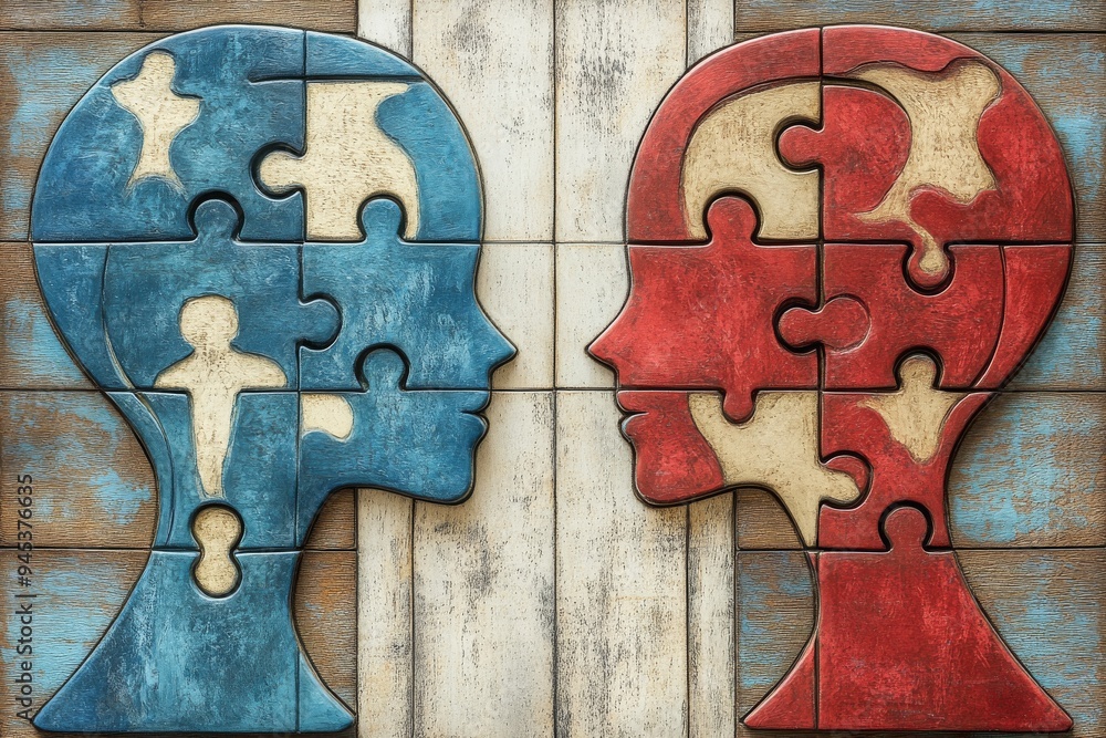 Aufkleber two heads with contrasting blue and red puzzle pieces symbolize the duality of thought and the inter