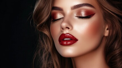 Fototapeta premium A close-up of a woman with a glamorous makeup look, featuring bold eyeshadow and glossy lips, with her hair styled elegantly, showcasing her sophisticated appearance.