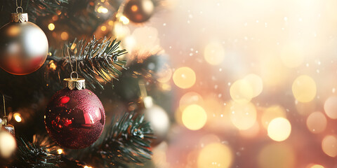 Close-up of colorful Christmas ornaments hanging on a tree with a blurred background of warm lights and a festive atmosphere