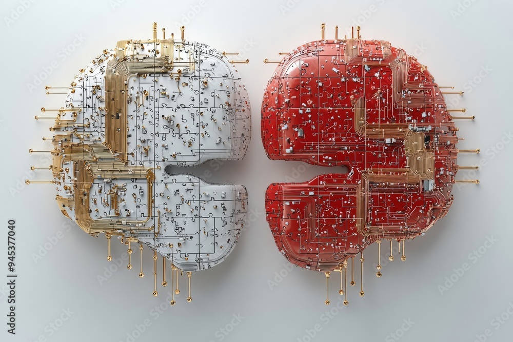 Poster two interconnected circuit board brains one red and one white symbolize the merging of technology an