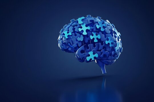 A brain made entirely of blue puzzle pieces symbolizes the complexity of cognition highlighting the intricate nature of human thought and the process of solving intellectual challenges
