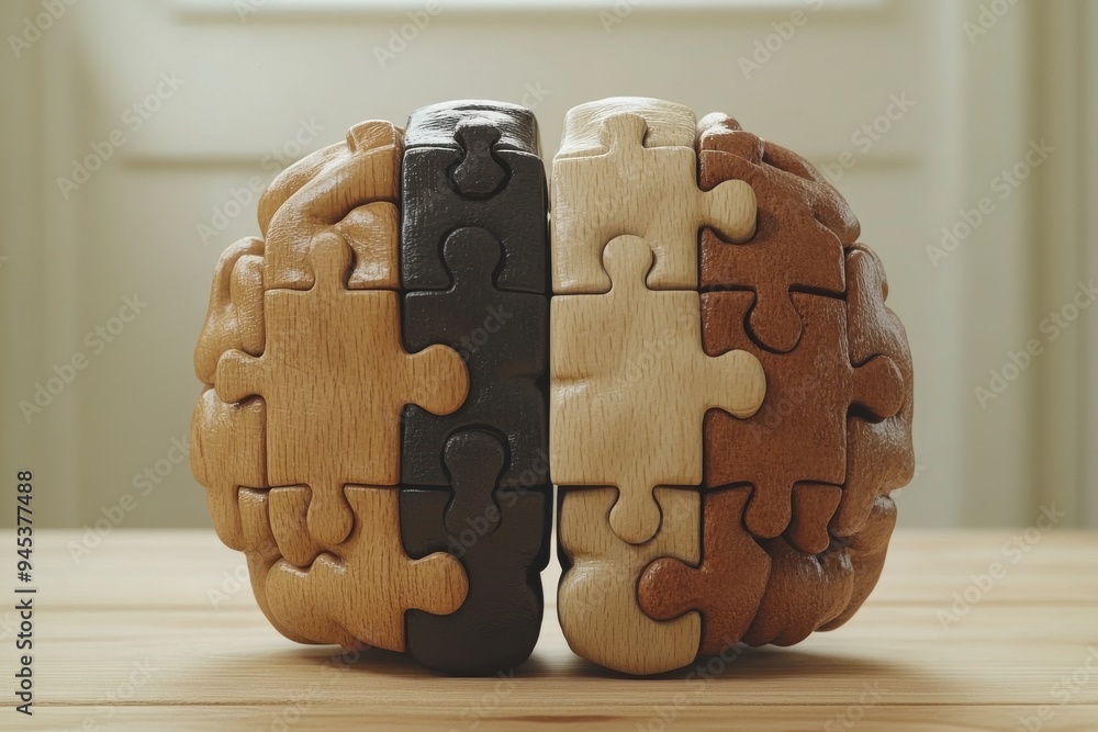 Poster a wooden brain puzzle with interlocking pieces symbolizes the construction and complexity of human t