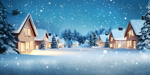 A snowy christmas village scene features warmly lit cottages surrounded by snow-covered trees under a serene blue night sky filled with falling snowflakes