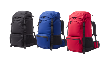 Three backpacks in different colors arranged separately. isolated on white or transparent background .