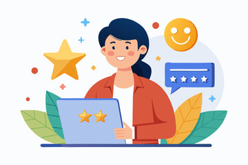 Customer experience, best score rating, client feedback or consumer review, 5 stars rating, like or positive survey, customer satisfaction concept, happy young adult customer holding 5 stars rating
