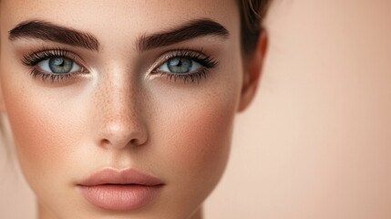 Fototapeta premium A close-up of a woman face with elegant makeup, including bold eyeliner and perfectly blended foundation, set against a soft, neutral background.