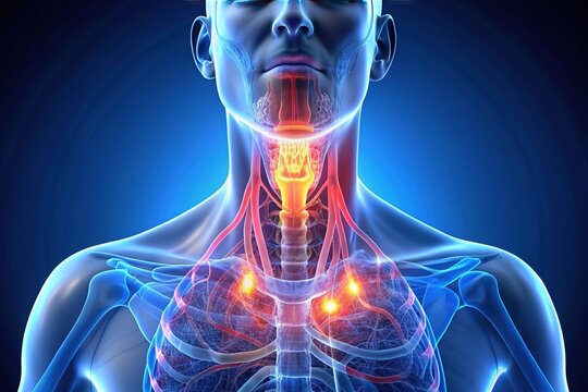 Illuminated 3D illustration of the human thyroid gland, showcasing its location, shape, and surrounding anatomical structures, including the trachea, esophagus, and carotid arteries.