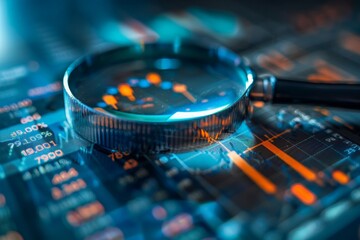 A magnifying glass placed over a digital data interface, symbolizing analysis, data-driven insights, and modern technology. The blue-toned background is filled with graphs, charts, and numbers.