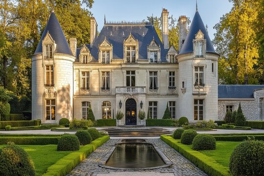 A picturesque chateau surrounded by manicured gardens and a reflecting pool.