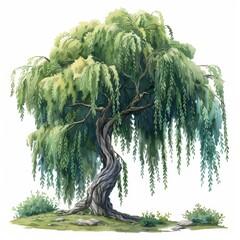 Watercolor illustration of a weeping willow tree, featuring a thick, twisting trunk and long, drooping branches