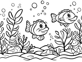 Fototapeta premium A black-and-white coloring page featuring two cheerful fish and aquatic plants with bubbles.