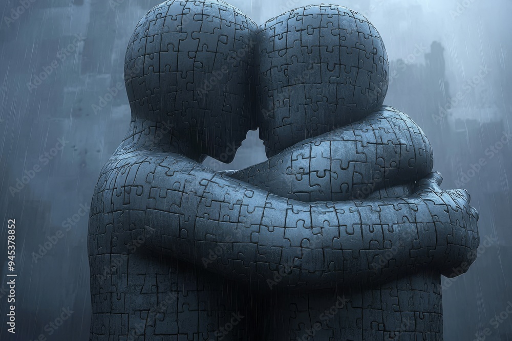 Aufkleber two intertwined human like figures made of puzzle pieces in a somber setting symbolize the complexit