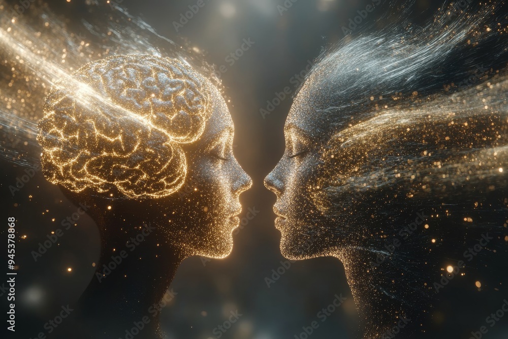 Poster two faces in a cosmic glowing connection symbolize the ethereal bond and shared consciousness repres