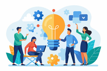 Idea brainstorming, cooperation or collaboration to get solution, teamwork or team meeting to develop idea together, employee participation concept, business people connect lightbulb jigsaw puzzle.
