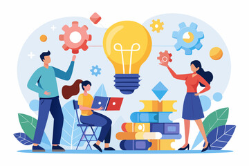 Idea brainstorming, cooperation or collaboration to get solution, teamwork or team meeting to develop idea together, employee participation concept, business people connect lightbulb jigsaw puzzle.
