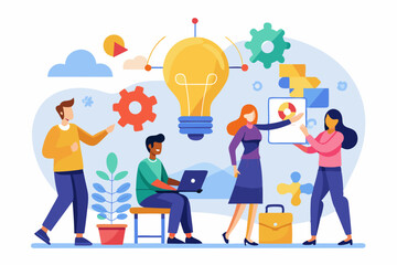 Idea brainstorming, cooperation or collaboration to get solution, teamwork or team meeting to develop idea together, employee participation concept, business people connect lightbulb jigsaw puzzle.
