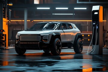 Futuristic electric vehicle charging station with modern suv car in 3d rendered illustration