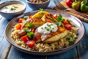 8. A beautifully styled dinner plate with a portion of roasted chicken, quinoa, and roasted vegetables, garnished with a dollop of tzatziki sauce and a sprinkle of paprika, a realistic photo image.