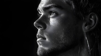 Intense Black and White Portrait of a Man - Strong Side Profile with Detailed Skin Texture.