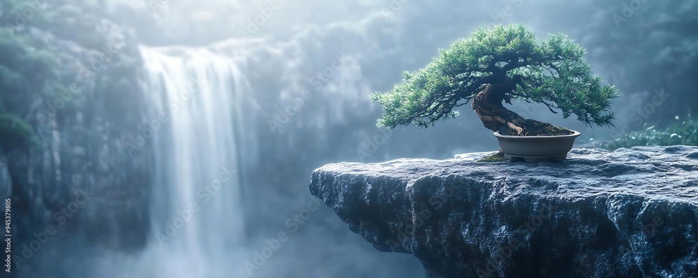 Aufkleber bonsai tree on a cliff edge with a waterfall in the background - realistic image