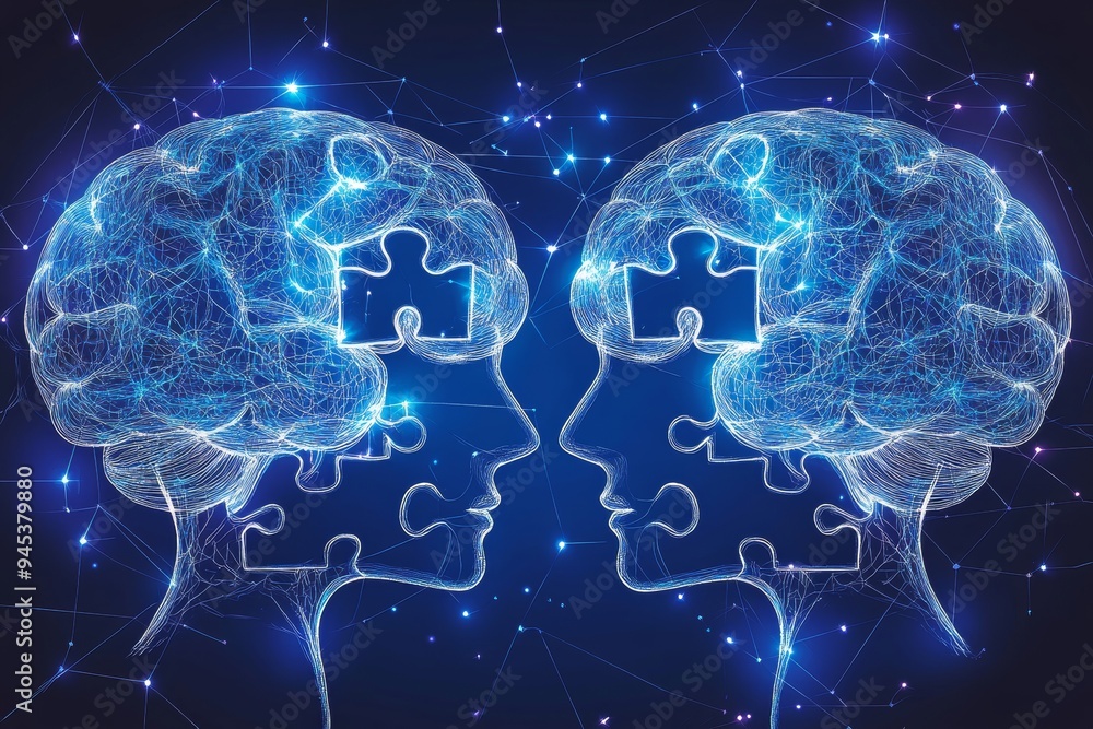 Poster two glowing brain illustrations facing each other in a digital environment symbolize the connection 