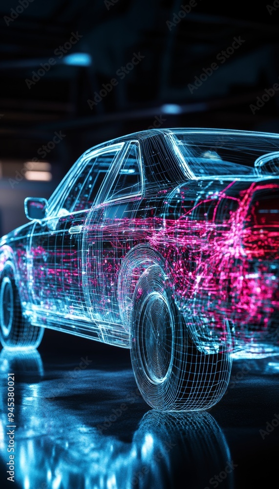 Poster 3d car mesh visualization showcasing internal wiring network created with generative ai techniques