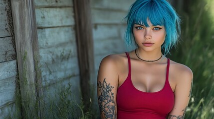 Naklejka premium Young woman with blue hair poses in a rustic outdoor setting during daylight