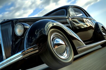 Obraz premium Elegant vintage 3d black sports car classic coupe design with chrome detailing and historic appeal