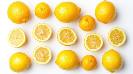 Fresh yellow lemons and lemon slices on white background.