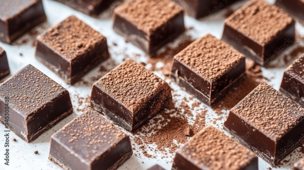 Poster A close-up of chocolate squares with a dusting of powdered cocoa, arranged in an appealing pattern on a white surface, showcasing their rich detail.