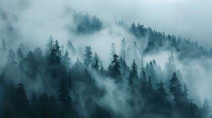 Haunting Fog Shrouded Mountain Forest Landscape with Mysterious Silhouetted Trees © doraclub