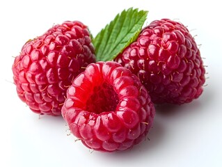Close-up of raspberries on white background - Fresh and vibrant food image with focus on detail and color.