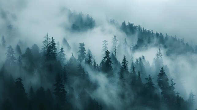 Fototapeta Haunting Fog Shrouded Mountain Forest Landscape with Mysterious Silhouetted Trees