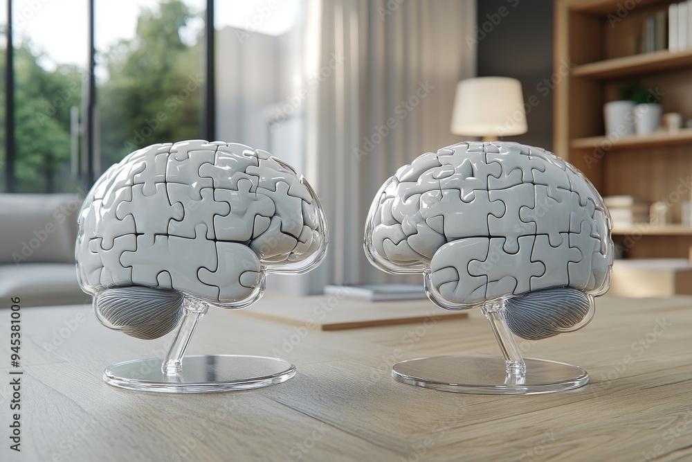 Poster two brain models with puzzle pieces in a modern living room represent the integration of thought and