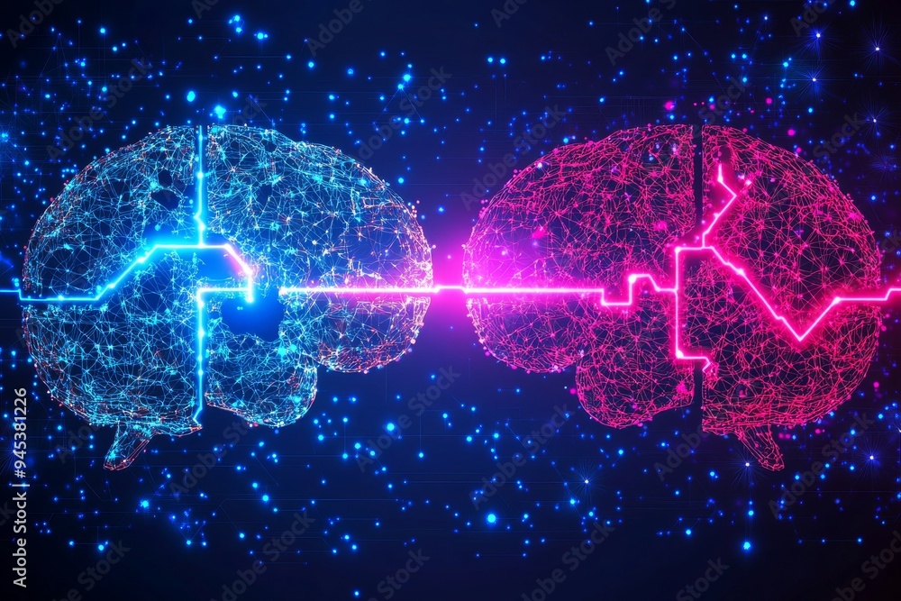 Poster two glowing brains connected by electric neural pathways in a digital space symbolize the intense ex