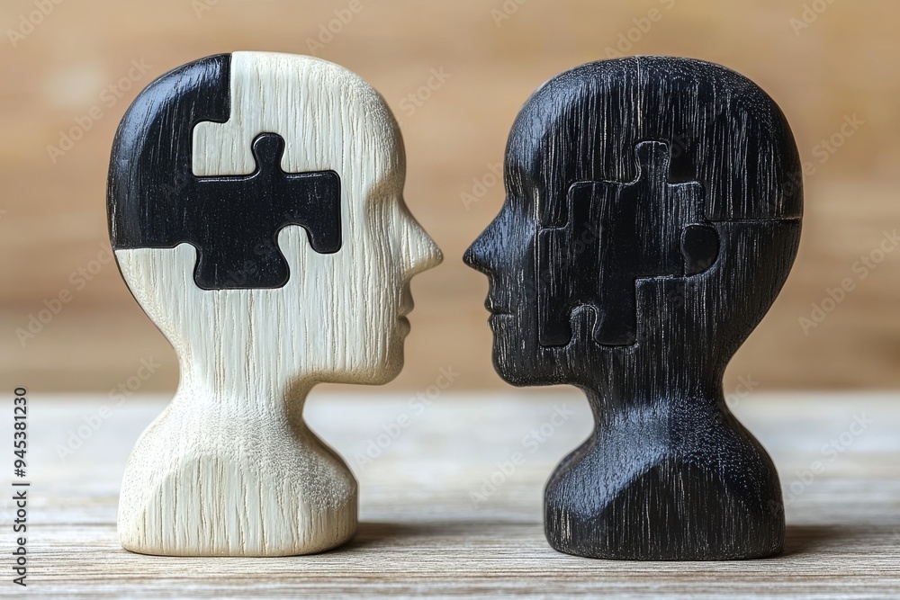 Poster two stylized black and white puzzle heads facing each other symbolize the contrast and complexity of