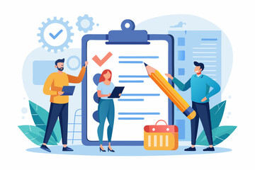 Checklist to complete project task, accomplish work checkmark, todo list clipboard or project status report, plan to finish work concept, business people holding pencil complete task checkbox
