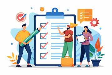 Checklist to complete project task, accomplish work checkmark, todo list clipboard or project status report, plan to finish work concept, business people holding pencil complete task checkbox
