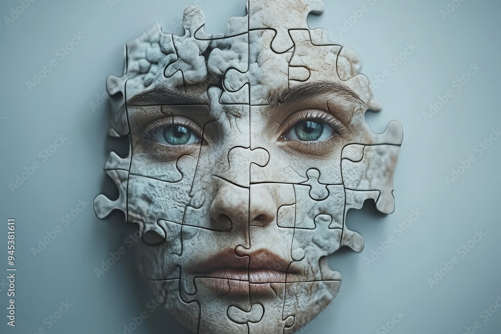 Poster a womans face made of puzzle pieces symbolizes the fragmentation and reconstruction of identity high