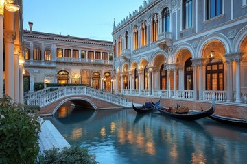 Fototapeta premium A serene canal scene featuring elegant architecture and gondolas at dusk.