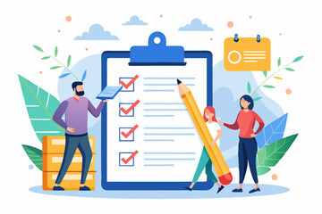 Checklist to complete project task, accomplish work checkmark, todo list clipboard or project status report, plan to finish work concept, business people holding pencil complete task checkbox
