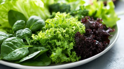 A close-up of fresh green vegetables, such as spinach and lettuce, arranged artfully on a white plate to highlight their vibrant color and texture.