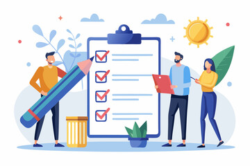 Checklist to complete project task, accomplish work checkmark, todo list clipboard or project status report, plan to finish work concept, business people holding pencil complete task checkbox
