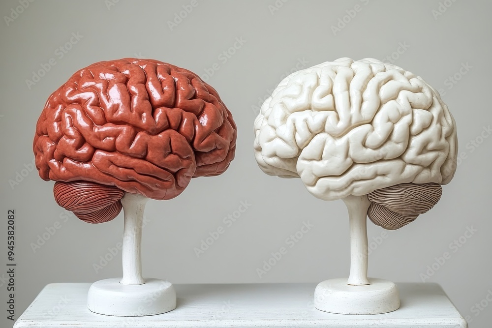 Poster two brain models in red and white symbolize the study of human cognition highlighting the contrastin