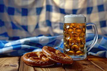 Frothy beer in mug with pretzels on wooden table, Bavarian flag
