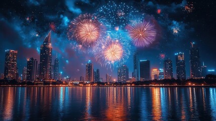 dazzling fireworks display over city skyline reflections in water starry night sky vibrant colors new years celebration atmosphere