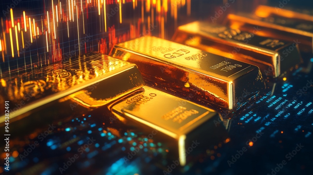 Poster a close-up of gleaming gold bars stacked neatly, with a financial graph overlay showing upward trend