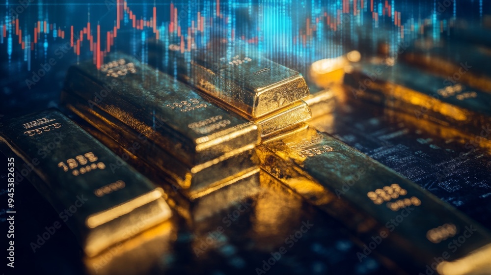 Poster A close-up of gleaming gold bars stacked neatly, with a financial graph overlay showing upward trends in the background, highlighting investment growth.