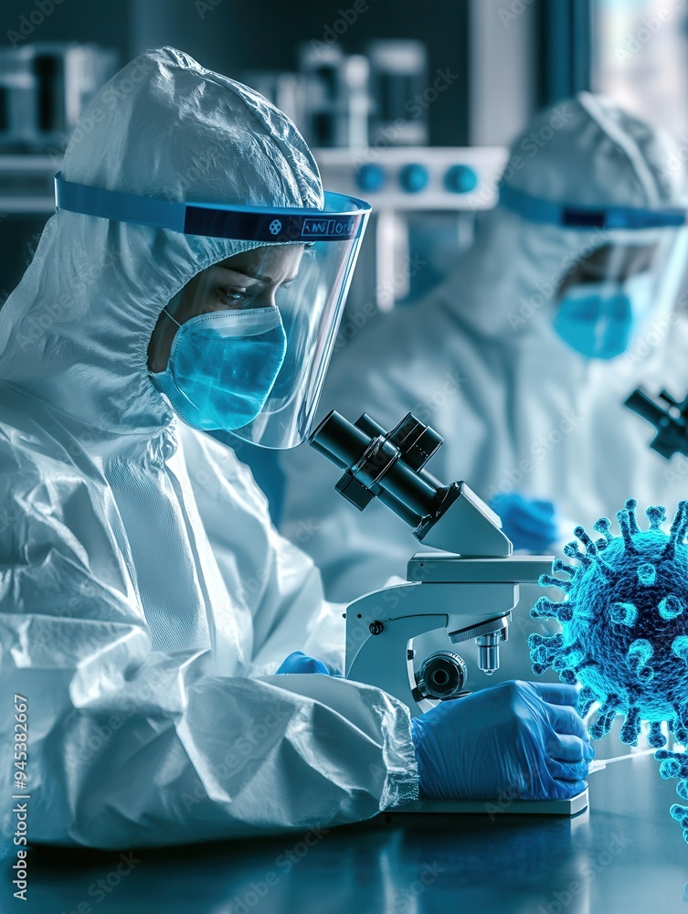 Poster Medical workers in protective gear analyze viruses under a microscope, focusing on disease control measures in a laboratory environment. Generative AI