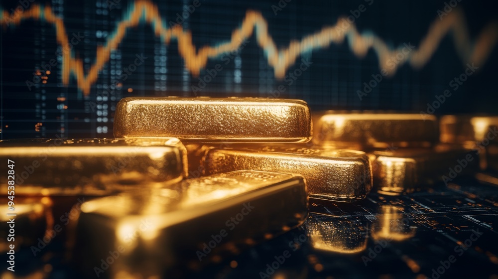 Poster a close-up of gleaming gold bars stacked neatly, with a financial graph overlay showing upward trend